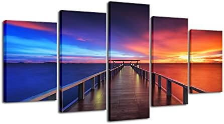 Pyradecor Sunset Bridge Extra Large 5 Piece Modern Seascape Artwork Giclee Canvas Prints Stretched and Framedred Landscape sea Beach Pictures Paintings on Canvas Wall Art for Home Decorations XL