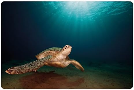 Ambesonne Turtle prostirka za kućne ljubimce za hranu i vodu, zelena kornjača pliva pod vodom