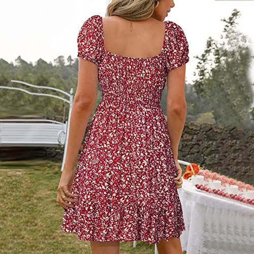 Ticcoy ljetna haljina za žene casual s kratkim rukavima okrugli vrat mini haljina pune boje labavi cvjetni print Flowy plised haljina