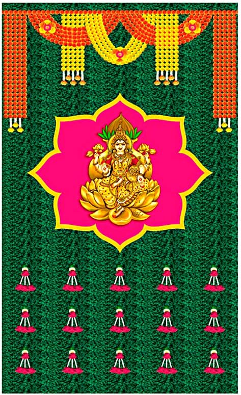 SATVIK 8x5ft. Pozadina od tkanine za Pooja Pujan Decor Lakshmi/Laxmi Idol Marigold Garland Print