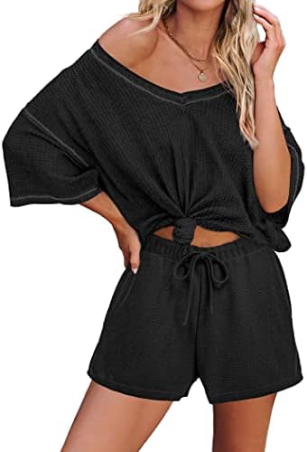 Ekouaer Womens 2 komada kratkih rukava pletene pidžame setovi V vrat sa rame za spavanje Ležerne prilike sa slobodnim savjetima