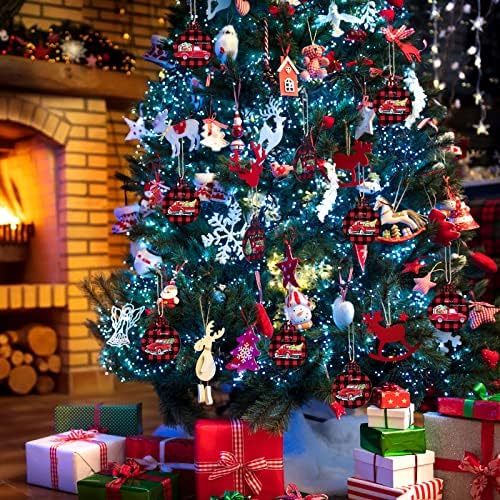 Božić crveni kamion Tree ukrasi Buffalo Plaid okrugli drveni kriška viseći ukrasi seoska kuća Božić ukrasi za