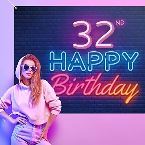 Glow Neon Happy 32nd Birthday Backdrop Banner Decor Black-Colorful Glowing 32 Years Birthday Party theme Decorations for Men Women Supplies