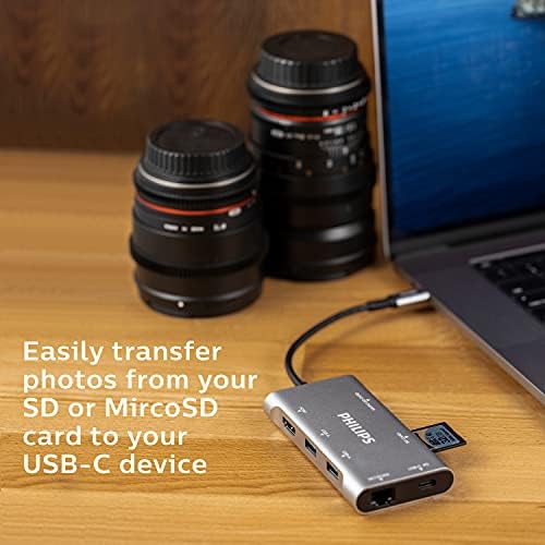 Philips USB C Hub sa prolazom snage, 7-u-1 Multiport Adapter, 1 HDMI 4K@30Hz, 60W USB-C dostava snage, 2 USB 3.0, 1 Ethernet, 1 Čitač SD 1 MicroSD kartica, DLK9120C/27