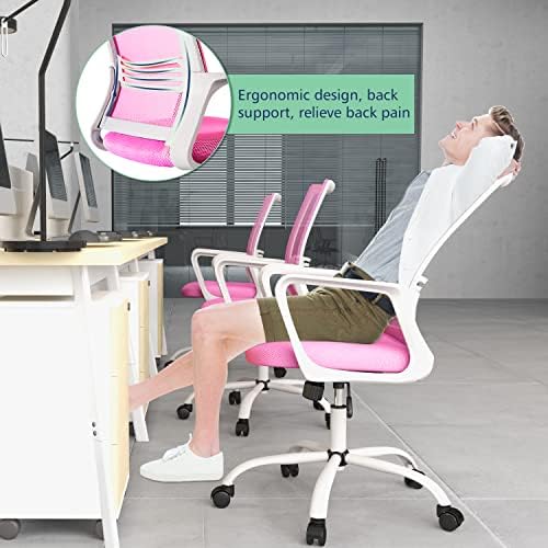Kancelarijska stolica, ergonomska stolica mrežasta stolica za zadatke sa srednjim leđima okretna kompjuterska stolica podesiva po visini debelo sedište sa naslonima za ruke i lumbalnom podrškom, roze