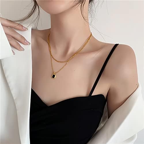 PRIMATORIA slojevita Zlatna ogrlica za žene nježni Crni kvadratni privjesak 18K pozlaćeni nakit od