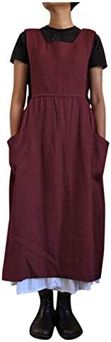 Haljina za ženske djevojke Vintage Pleated džepovi pregače za vrtlarstvo Djevice pamuk Ukupna haljina
