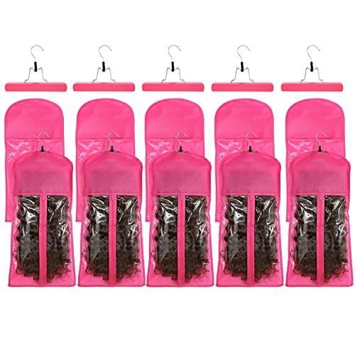 VARIPOWDER 10pcs Hair Extensions torbe za vješalice sa drvenom vješalicom otporna na prašinu perika torba za skladištenje Prijenosna torba za produžavanje kose snažni držač perike torbe za nošenje sa prozirnim zatvaračem-Pink