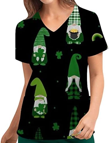 St Patricks Day Scrub_Tops za žene Funny Shamrocks štampane bluze V vrat kratki rukav medicinska
