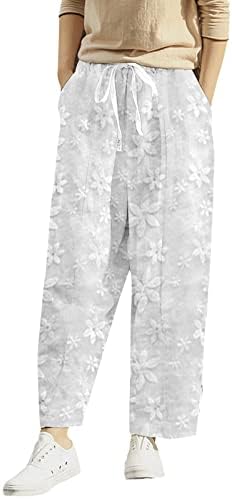 Pamučne posteljine za žene cvjetne vezene saželjene širine lukave nogu visokog struka pune rasteza ležerne ljetne hlače