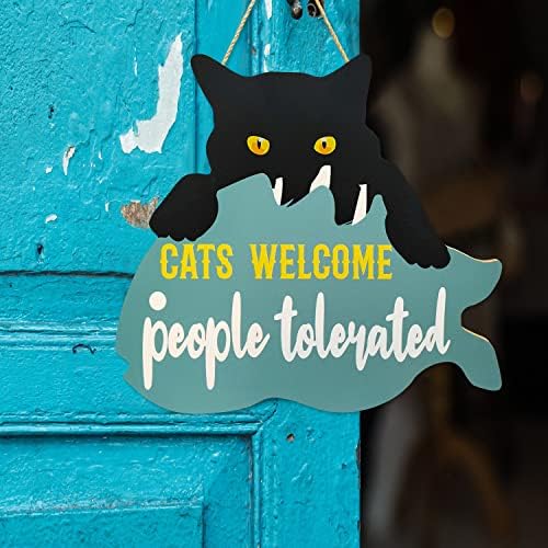 CAT pokloni za mačje ljubavnike Funny Cat Dobrodošli znak Ljudi Tolerirani mačji ljubavnik Pokloni Drvena crna CAT vrata Viseća zida 10x11 inča