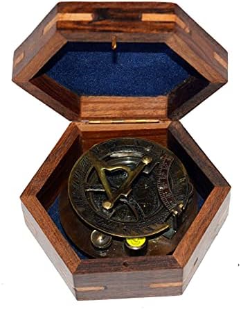 Antikni vintage mesingani sundial kompas MARINE Pomorski kompas i drveni poklon