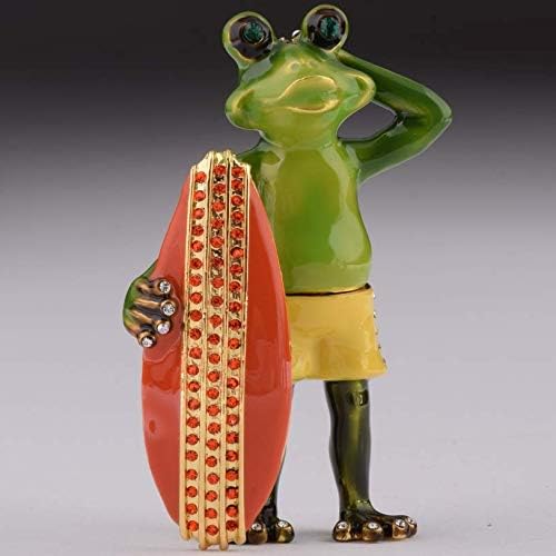 Keren Kopal Surfer Frog trinket figurica ukrašena austrijskim kristalima Jedinstvena ručno rađena surfanje poklona Idea Bodyboard ukras