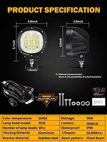 Auxbeam 4-inčno okruglo LED svjetlo za vožnju, 2kom 90W 9000LM LED Pods bijelo svjetlo Bar Offroad