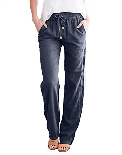 Ležerne letnje lanene pantalone za žene široke pantalone sa džepovima labave jednobojne pantalone sa ravnim