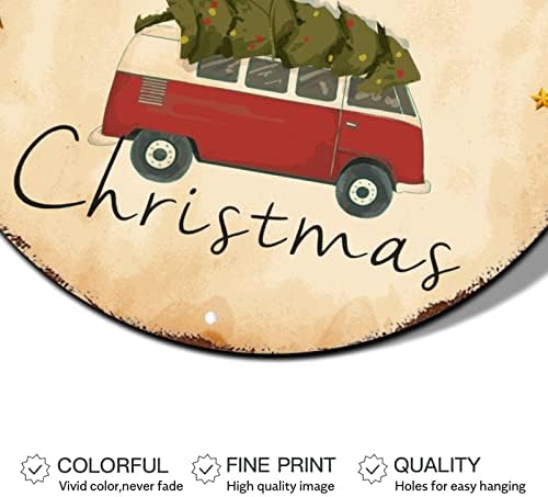 Merry Božićna vrata Santa Xmas Truck Zimska scena slika okrugla metalni limenka na otvorenom Božićni viseći ukrasi rustikalni metalni vijenac Sign za kućnu kabinu na otvorenom dekor 9 inča