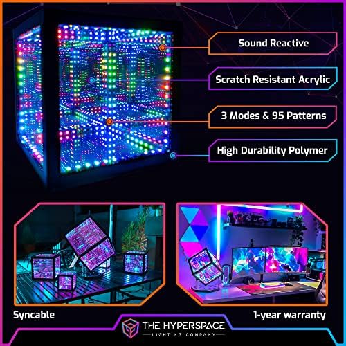 HyperCace rasvjetna kompanija Hypercube Infinity Cube LED svjetlo - 10-inčna zvučna reaktivna stolna stolna lampa - cool & Creative RGB multibolorsko ukrasno ogledalo umjetničko svjetlo