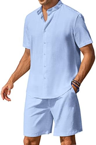 COOFANDY muški 2-dijelni laneni Set Casual Band ovratnik košulja i kratke hlače za plažu