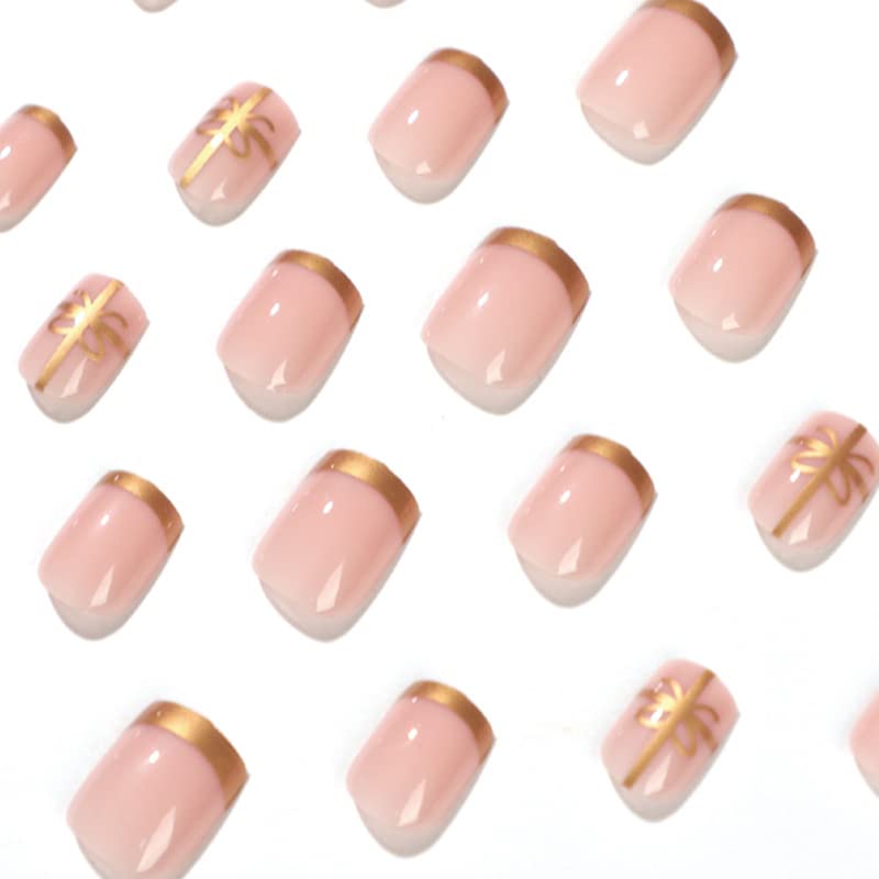 QINGGE Pink Press na noktima kratke dužine kvadratnih lažni nokti sa zlatnom folijom dizajn Luksuzni sjajni