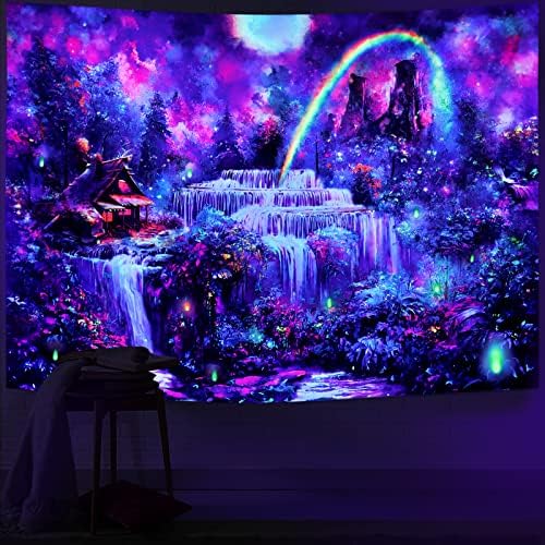 Racunbula Blacklight Tapistry Fantasy Forest Tapisestry UV reaktivni vodopad Duži tapiserija Misty