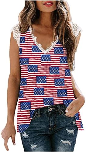 Ženska američka rezervoar za zastavu 4. jula T majice Patriotske majice bez rukava kauzalna čipka V-