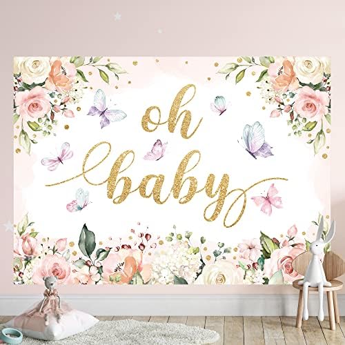 Riyidecor Floral Butterfly Baby Shower Backdrop Oh Baby Pink Purple Flower Princess Newborn Party 7wx5h