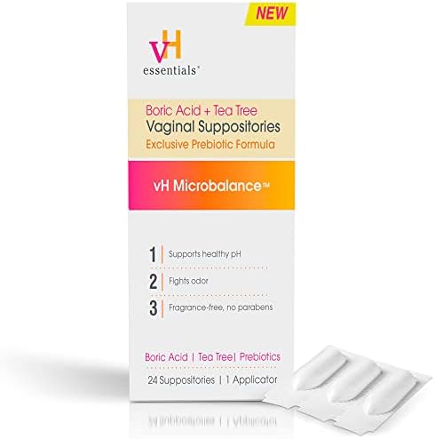 VH Essentials Boric Kisela + vaginalni supozitori za čaj - Formula Prebiotika sa mliječnom kiselinom - PH balansi, kontrola mirisa, ženska njega - 24 supozitorija + aplikator, bijeli, 2,4 unci