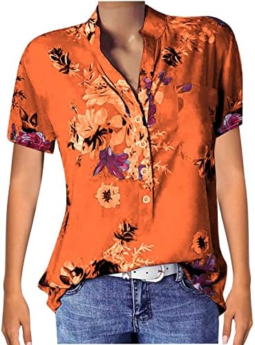 Ženska majica na kopčanje, 2023 ljetni cvjetni Osnovni džepovi za Tees kratke rukave v bluze za vrat labave majice za tinejdžerke