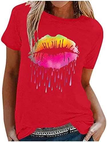 Ženske kratke rukave šarene usne ispisuju majicu Ljetni okrugli vrat Slatke grafičke majice vrh