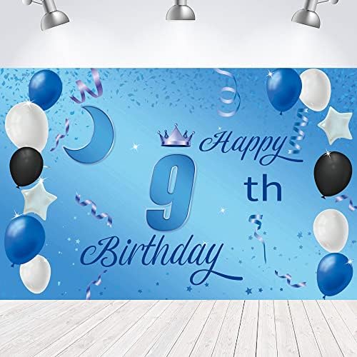 Sweet Happy 9th Birthday Backdrop Banner Poster 9 birthday Party Decorations 9th Birthday Party Supplies 9th Photo Background For Girls, Boys, Women, Men-Blue 72.8 x 43.3 Inch