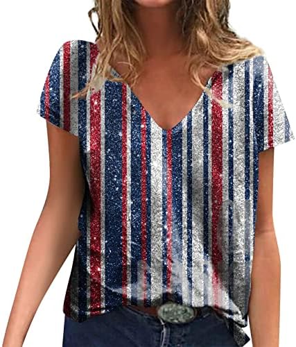 Oclun Ženske bluze kratki rukav Američka zastava 4. jula Grafički grafički V izrez Top Fashion Comfort bluza Košulje Ležerne prilike