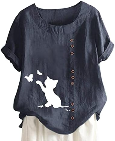 Ženska bluza od pamučne platnene bluze 2023 Modne printske košulje Žene Ležerne prilike kratkih rukava Vintage Crewneck Tee The