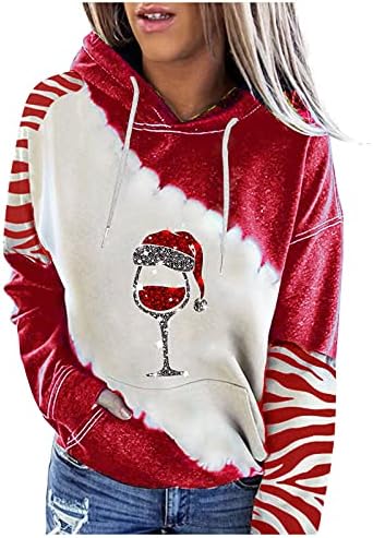 Ženska Božićna Casual dukserica s kapuljačom Dugi rukav Vinska staklena traka štampani pulover vrhovi sa džepovima