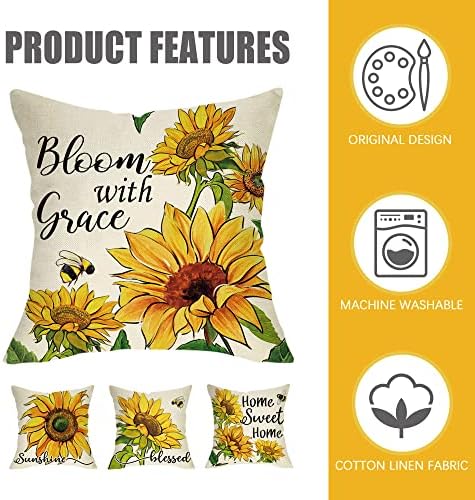 Fahrendom Sunflower Sunshine Dekorativni jastuk za bacanje 18 x 18 set od 4, ljetni kućni kućni kućni blato trijem na otvorenom jastučnica, proljetna bumbar pčela cvijeća