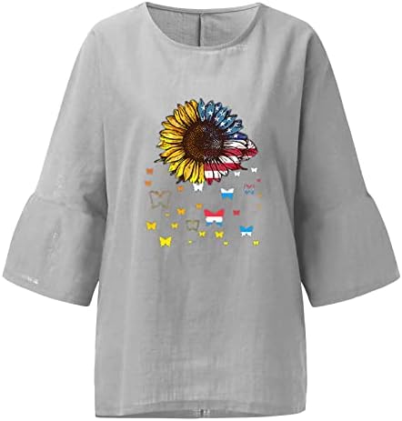 XipCokm USA zastava Sunflower Ispis majica za žene, Ležerne prilike 3/4 rukava sa okruglim vratom Pamučna posteljica Top bluza Labavi pulover Tee