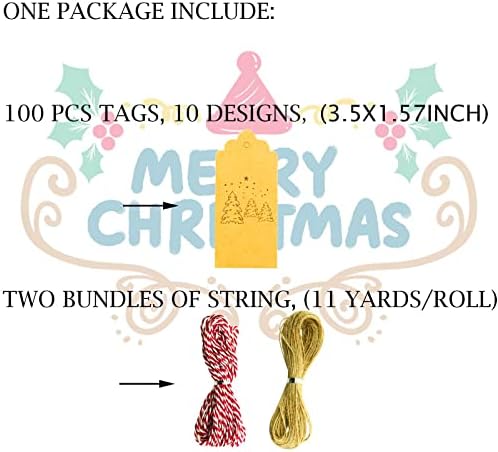 SHAPYLAIN BROWN KRAFT PAPIRS božićne poklone - 100 paketa 10 dizajna Xmas Brown Kraft poklon oznake sa JUTE TWINE Baker Twine za DIY božićnu drvcu i poklon dekor
