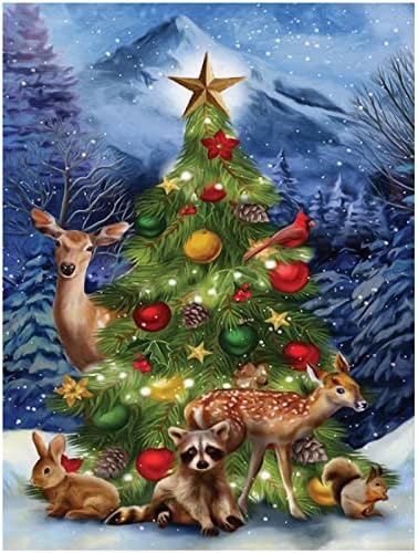 Maripabon 5D dijamantski komplet za odrasle božićno drvce Elk Deer Raccoon Slatke životinje Cijeli dijamantski okrugli dijamantski diy vez za krovni umjetnički zanat za kućni zidni dekor, 11.8x15,7 inča