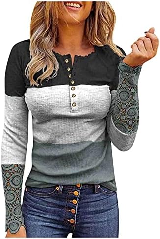 MTSDJSKF Žene Henley majice čipke Crochet dugih rukava pada odjeća za rubu GRAFIC grafički
