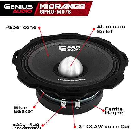 Genius Audio GPRO-M078 8 400 WAX max 200 W RMS Pro Audio Midrange zvučnici Push konektor aluminijumski metak automobila Audio zvučnik feritni magnet 4 ohm ojačani konus