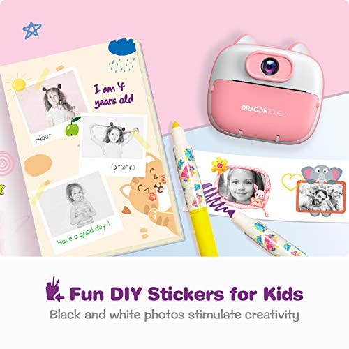 Dječija kamera Dragon Touch Instant Print, InstantFun2 digitalna kamera sa objektivom dvostruke kamere, papir za štampanje, naljepnica iz crtića, olovke u boji i torba za kamere za djevojčice i dječake (Pink)