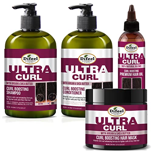 Difeel Ultra Curl Set za njegu kose sa 4 kom : šampon 12 oz, regenerator 12 oz, maska za kosu 12 oz & amp; Ulje za kosu 8oz