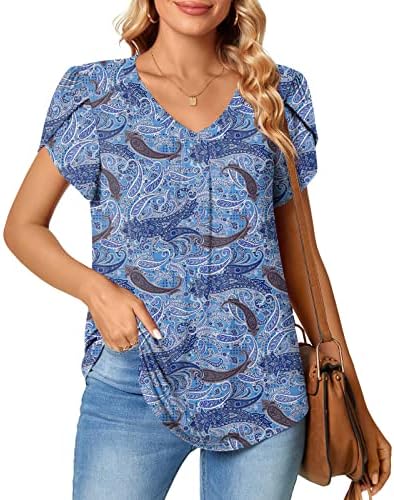 Ženske ljetne vrhove v vratne latice rukave majice za žene labave Fit Boho Floral Henley Tshirts