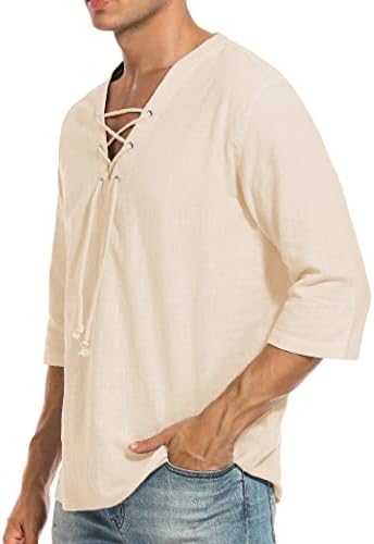 Lecgee Muška majica za pamučnu posteljinu s kratkim rukavima V izrez čipka za izrez Hippie Beach TEE majica Yoga