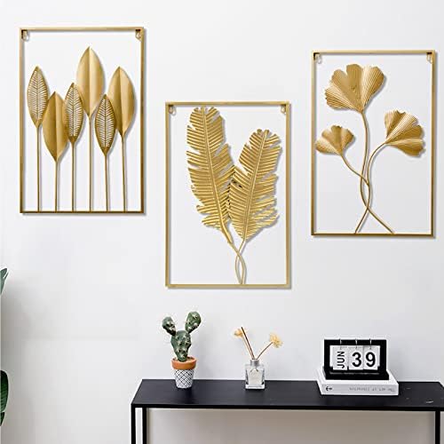 YZDTECH 3 kom Gold Metalni zidni dekor, 24 x 16 Zlatni list zid viseći dekor sa okvirom, zlatna metalna zidna umjetnost za dnevni boravak