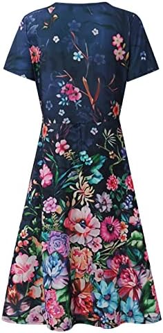 ADHOWBEW prolećne haljine za žene modni cvetni Print kratki rukav V vrat linija haljina slatka Swing Casual