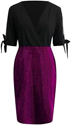 Ženske modne sjajne šljokice čipke kratkih rukava duboki V rect Solid Color Hip mini haljina noćna kluba