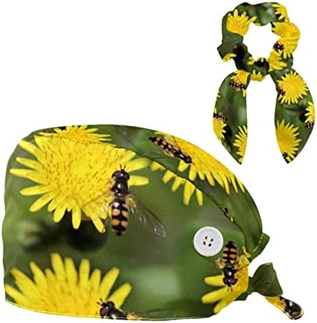 MUOOUM Medicinske kape Podesiva radna kapa s gumbima i luk za kosu Scrounchy Cvijeće i pčeli