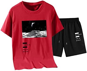 Oyouge Muške odjeće od 2 komada Mjesec Ispiši majicu za blube s kratkim rukavima i džepne kratke hlače