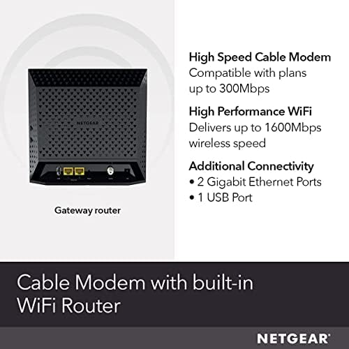 NETGEAR kablovski Modem Wi-Fi ruter Combo C6250-kompatibilan sa svim kablovskim provajderima uključujući Xfinity by Comcast, Spectrum, Cox / za kablovske planove do 300 Mbps | AC1600 Wi-Fi brzina / DOCSIS 3.0