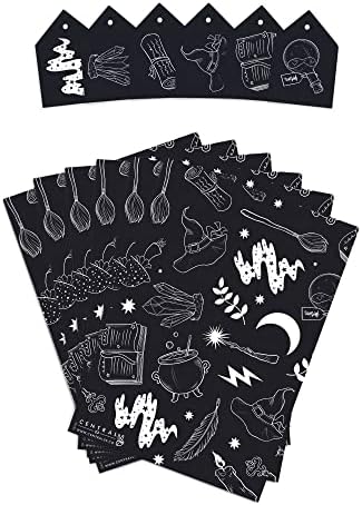 Centralni 23 crni papir za umotavanje - simboli čarobnjaka - 6 listova debeli omot za poklone - papir za umotavanje za Noć vještica-dolazi sa zabavnim naljepnicama